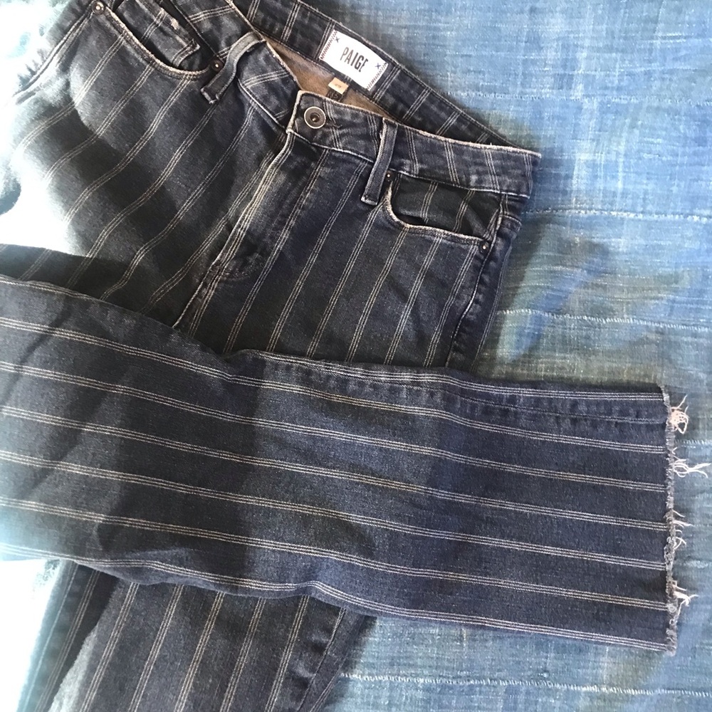 PAIGE denim with stripes. 29 waist. Slight stretch, 10” rise, crop w/frayed hem.
